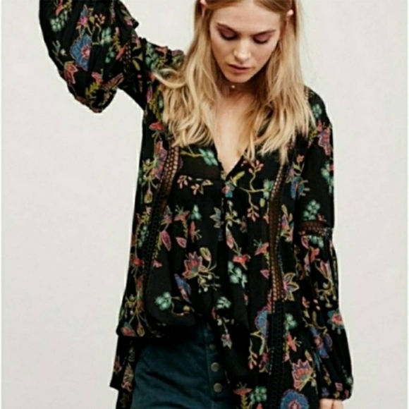 Free People Just the Two of Us Tunic Black Floral Small Crochet Mini - Picture 5 of 16